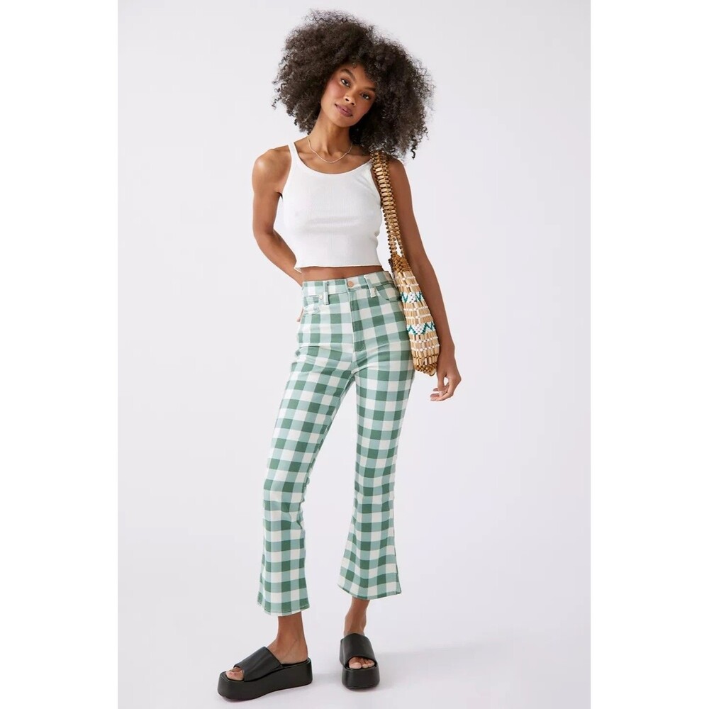 Wrangler Wrock 672 Gingham Flare Jeans Women's W26 Green Checkered Crop Kick